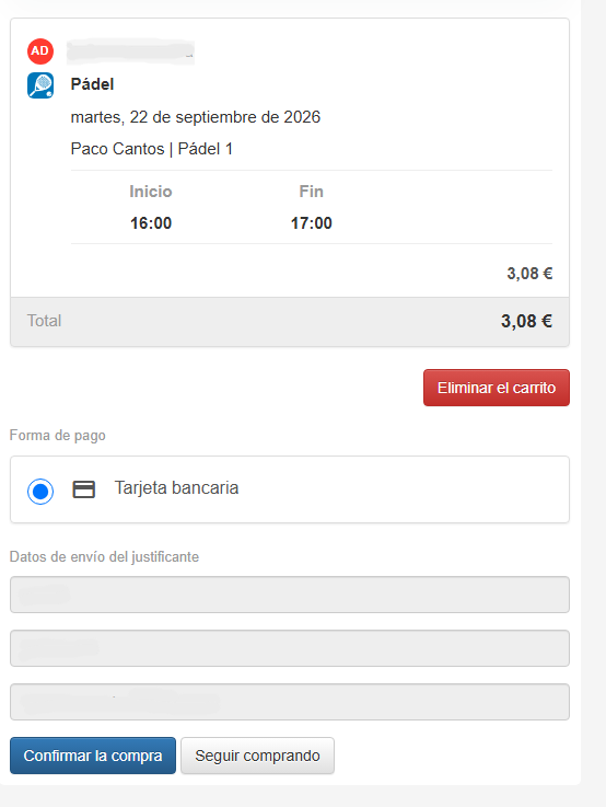 Carrito con el precio de 3,08 euros y pago con tarjeta