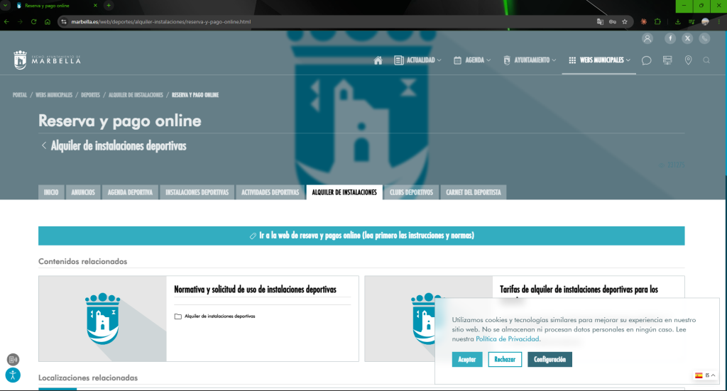 Web del Ayuntamiento de Marbella, apartado de reserva y pago online