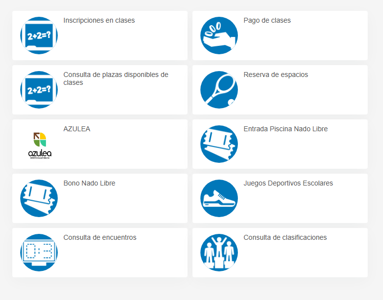 Panel de servicios: opcion Reserva de espacios